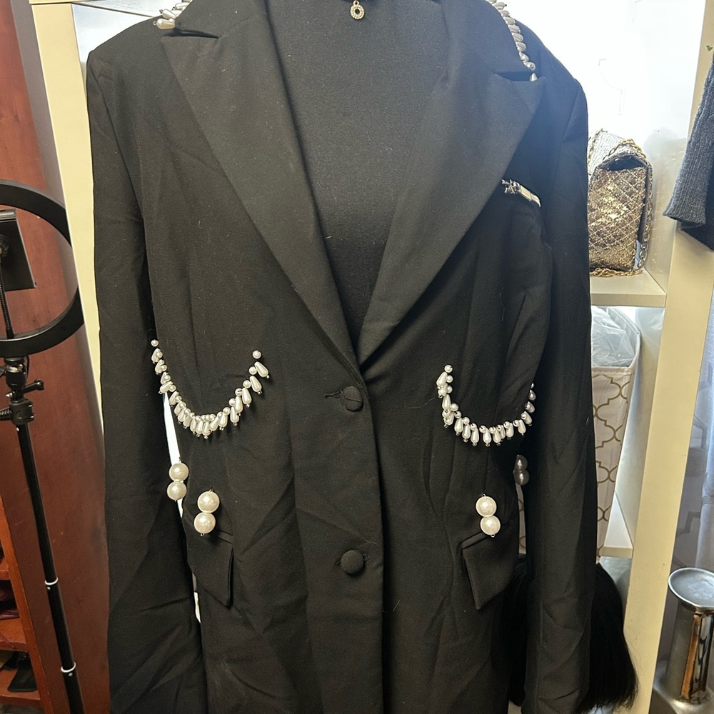AKIRA Black Blazer with Pearl Accents